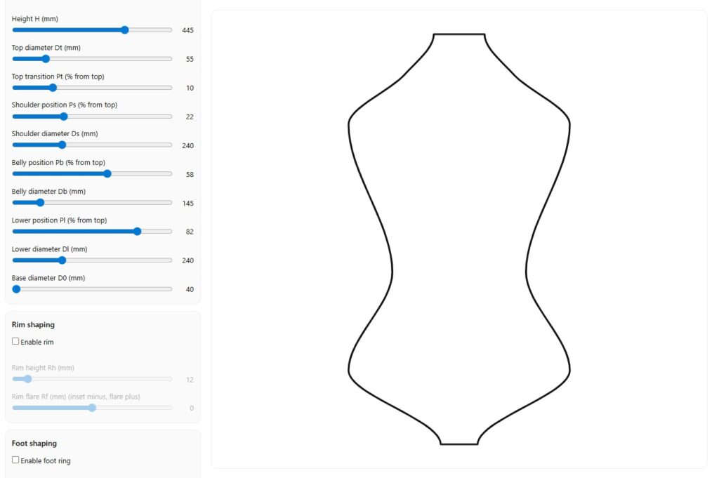 Screenshot of a tall vase form created in the Pottery Shape Generator with live dimension controls