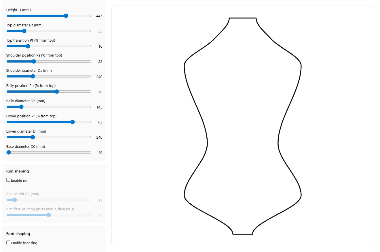 Screenshot of a tall vase form created in the Pottery Shape Generator with live dimension controls