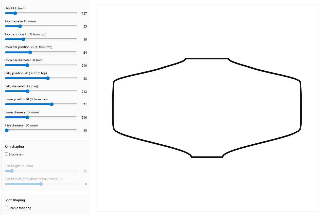 Screenshot of a wide ceramic bowl form designed in the Pottery Shape Generator with adjustable proportions