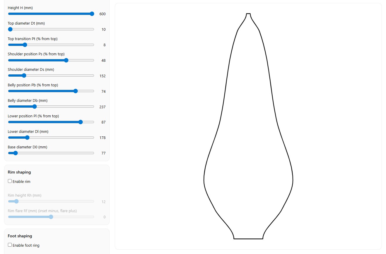Screenshot of a sculptural ceramic vase profile designed in the Pottery Shape Generator with dimension based controls