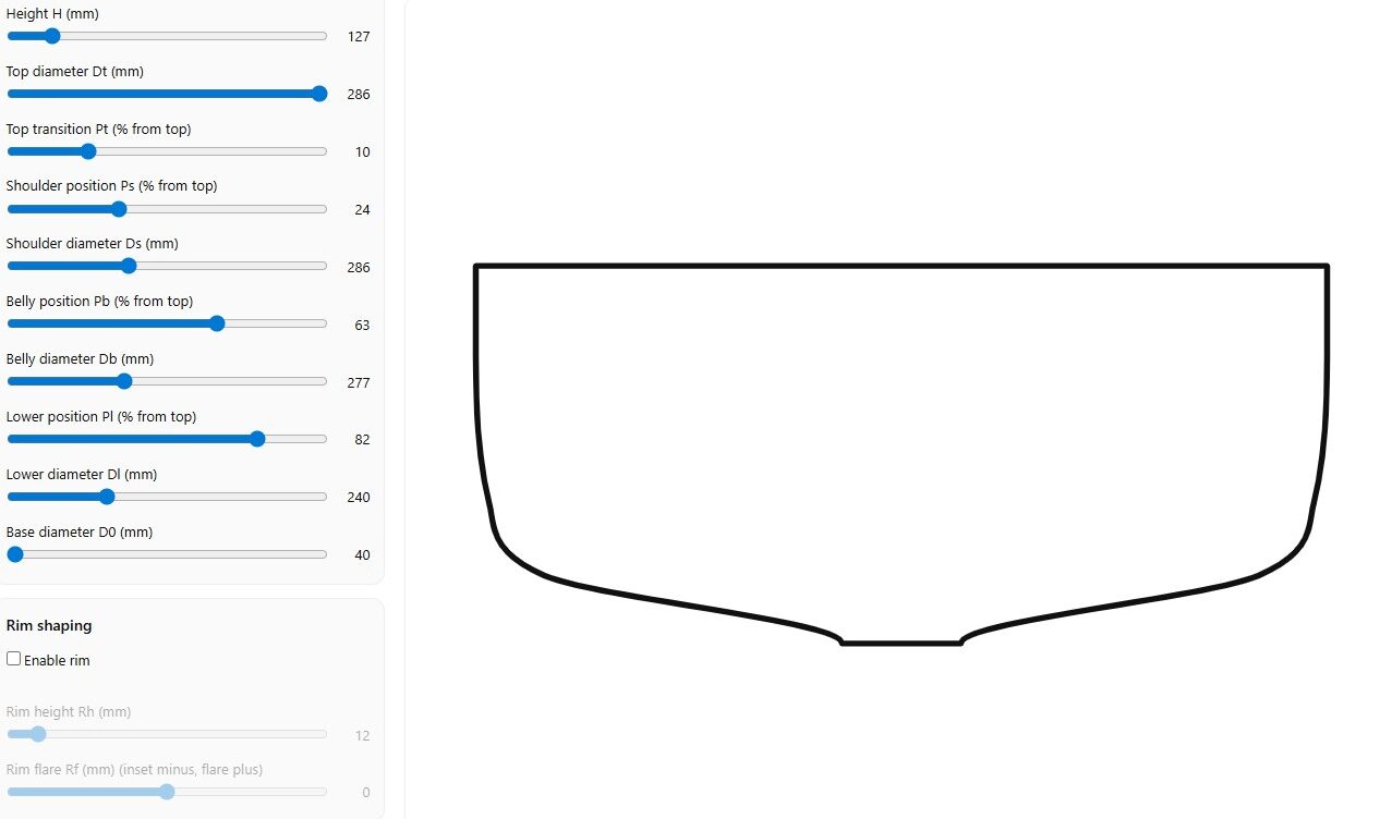 Screenshot of a wide jar style ceramic form created in the Pottery Shape Generator with live profile shaping